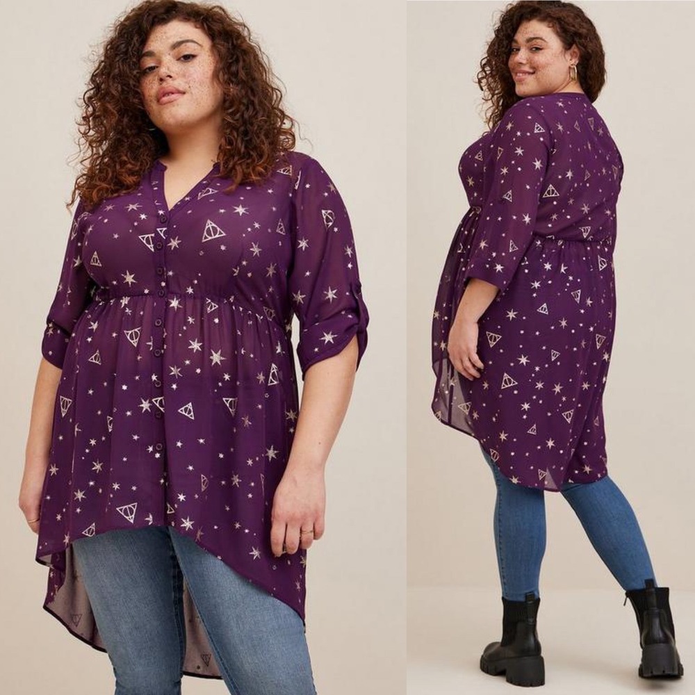 Torrid Harry Potter Lexi Chiffon Hi Low Blouse Purple Deathly Hallows Stars 4X